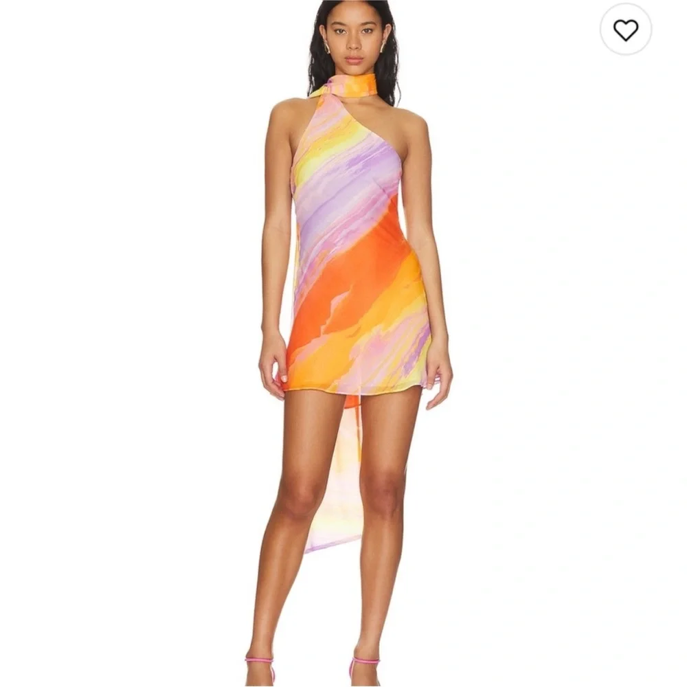 For Love & Lemons Sunny Mini Dress XS Sunset Tie Dye Orange Pink Resort Party - Picture 3 of 13